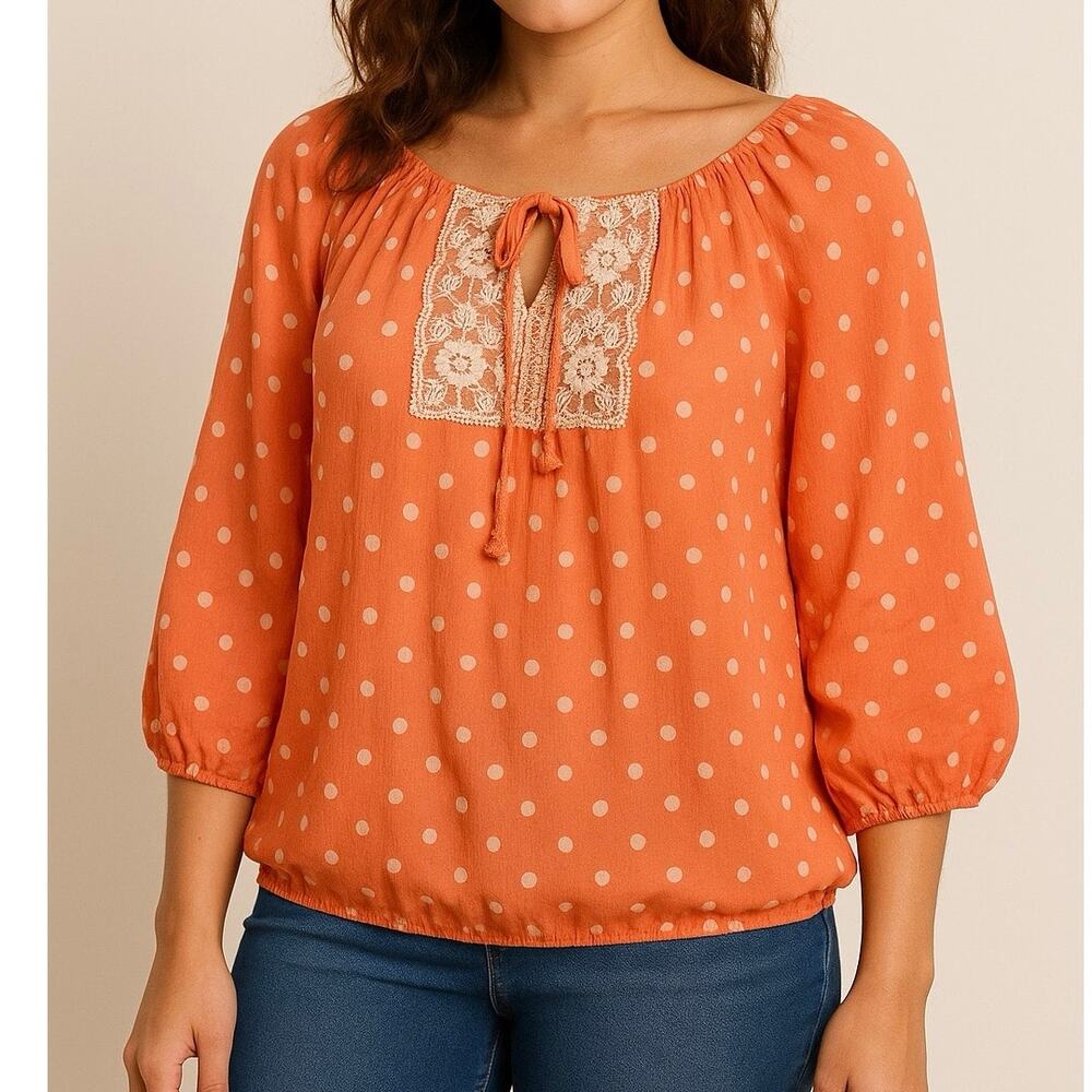 Orange Polka Dot Peasant Blouse Sheer Boho Top Size L No Boundaries
